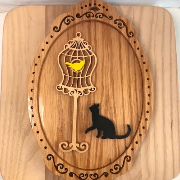 Unique Cat & Bird in Cage 3D Wood Scroll Saw Cutout ~ Handmade - Picture 1 of 12